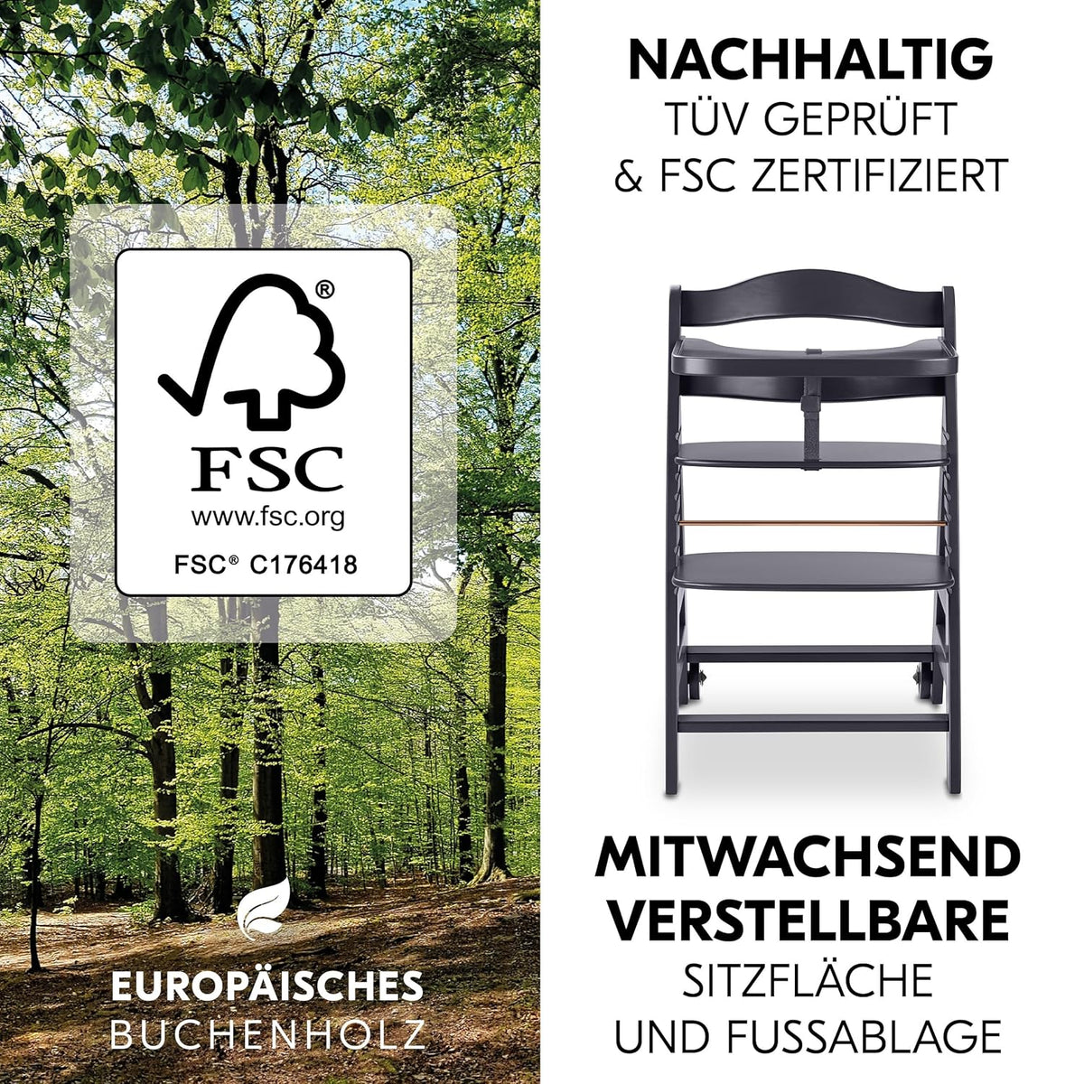 hauck Hochstuhl Beta+ Newborn Set Eco Bouncer - mitwachsender Holz Babyhochstuhl ab Geburt, inkl. Neugeborenenaufsatz, Sitzpolster und Essbrett - Dark Grey