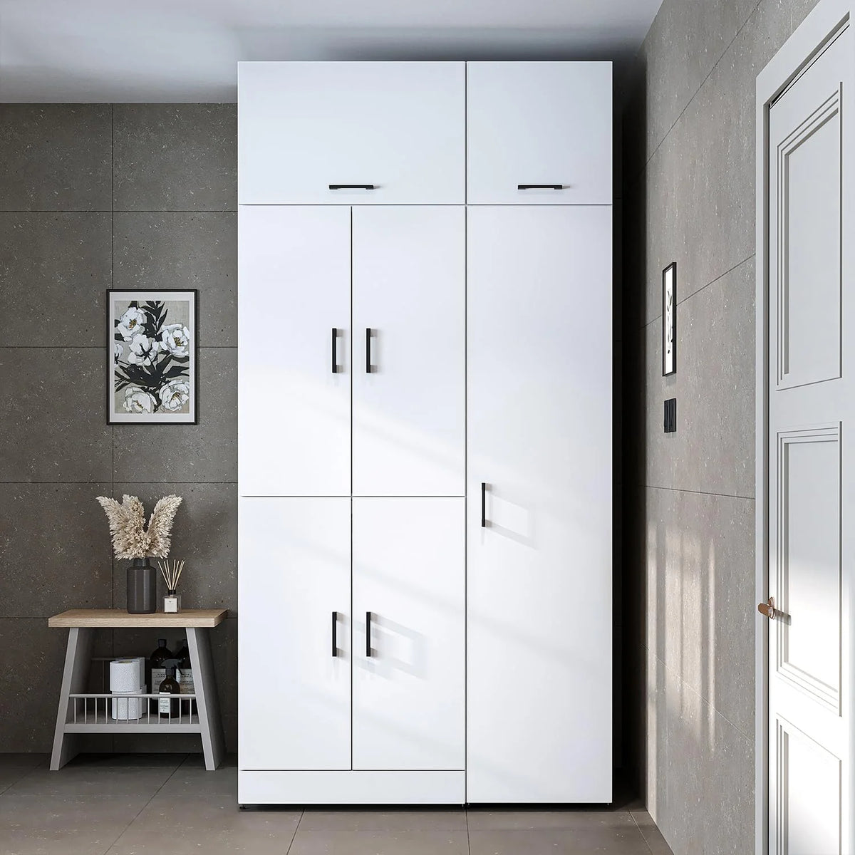 ROOMART Dora - Armoire de machine à laver - Pour sèche-linge et machine à laver - En 4 couleurs - Avec portes et panneau coulissant - Blanc - Chêne blanc - Chêne anthracite - Chêne blanc (chêne blanc)