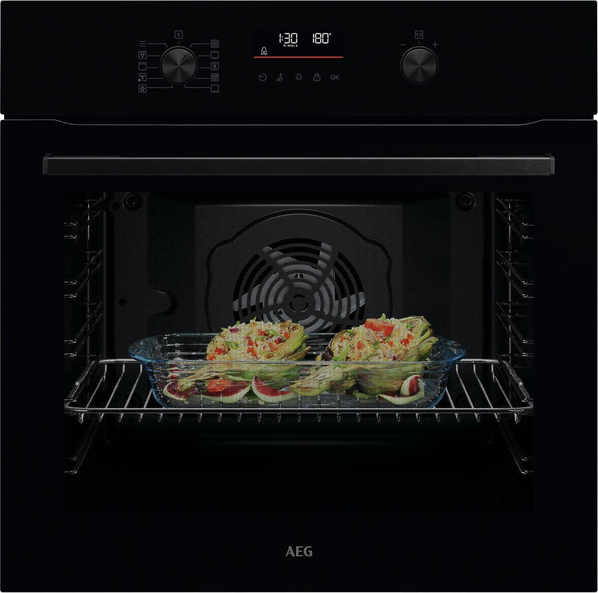 AEG Einbaubackofen – Serie 5 Ringheißluft: Gleichmäßige Garergebnisse auf 3 Ebenen – Pyrolyse Selbstreinigung – 25 Automatikprogramme – LED-Touchdisplay – Schnellaufheizung – Schwarz – BPE53516AB