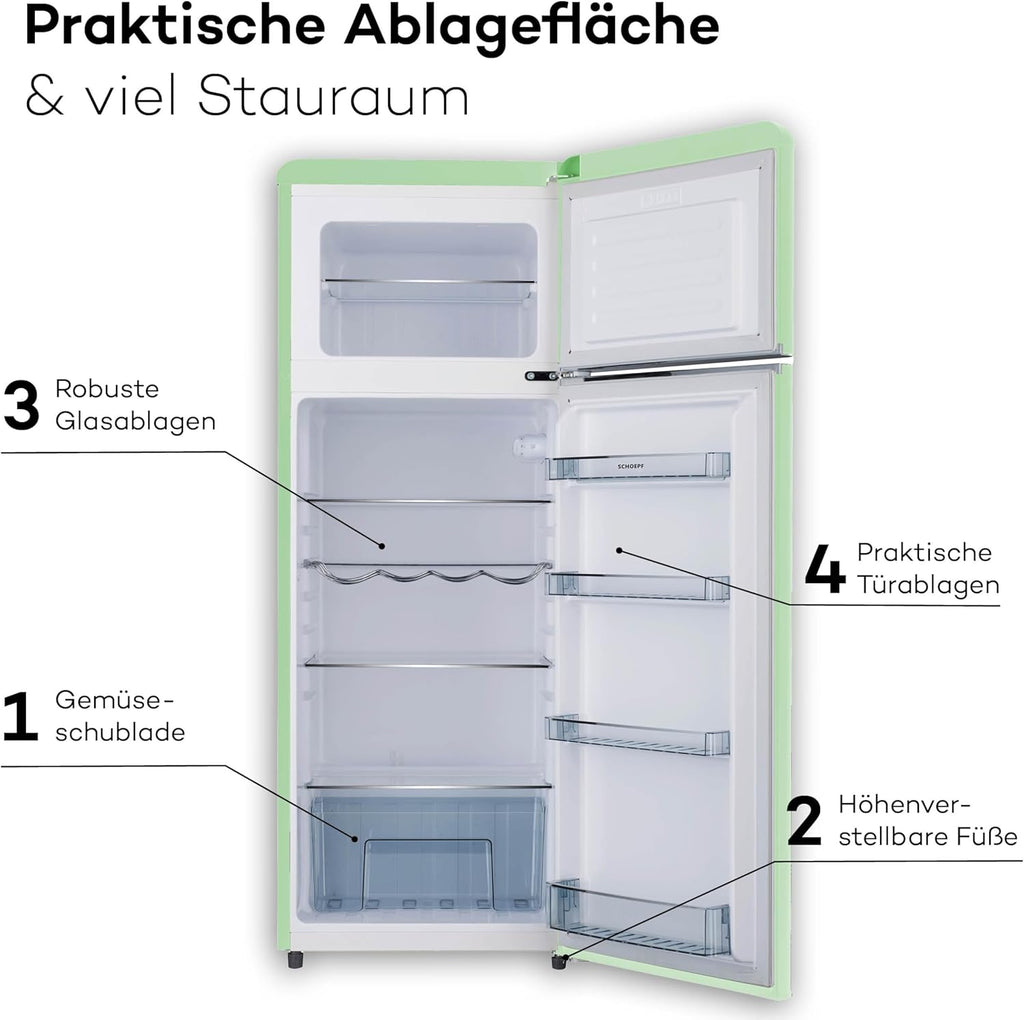 SCHOEPF – RKG218SG Kühl-Gefrierkombination – 211 L – Retro Design – LED-Beleuchtung – 39 dB – Grün/Mint – Höhenverstellbare Füße – Freistehend – Vintage Look