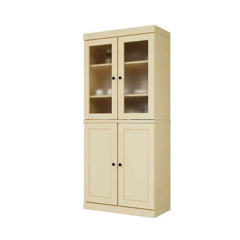 100% Solid Wood Pantry Cabinet with Frosted Glass Doors, Solid Doors, 2-Drawers and Adjustable Shelves