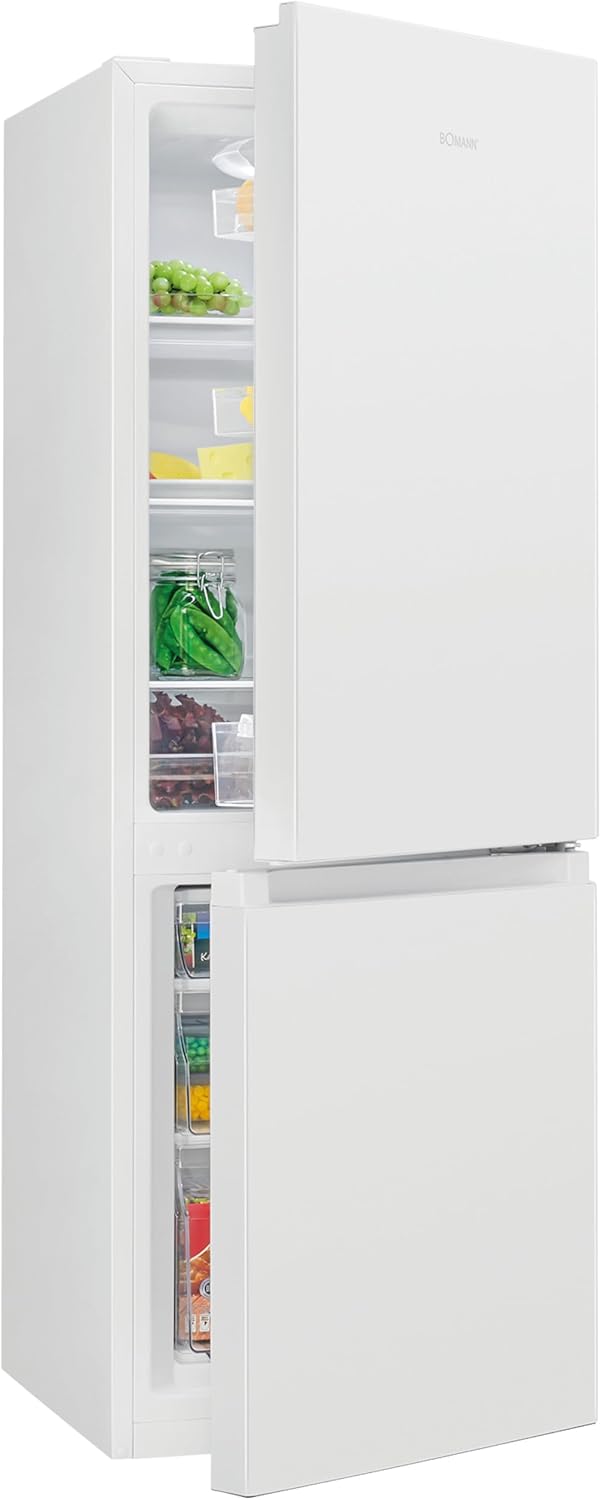 Bomann Fridge-Freezer KG 320.2, 143 cm High, Fridge-Freezer with 175 Litre Capacity, 3 Shelves and 3 Drawers, Door Stop Replaceable, Quiet Fridge-Freezer 39 dB, Black