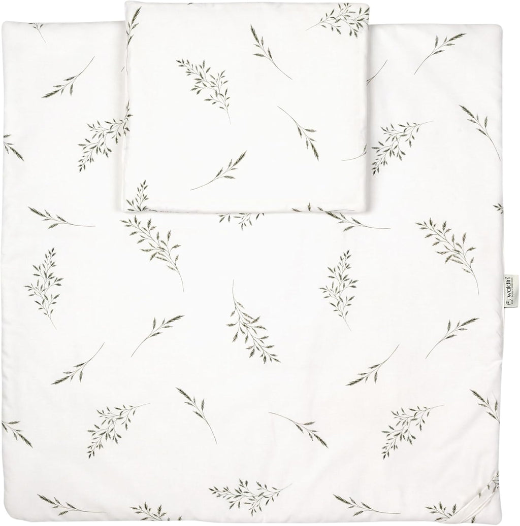 Waldin Oval Baby-Bett Mitwachsend Komplett Set 7in1, Gitterbett, Kinderbett mit Matratze, Wickelkommode, Beistellbett, Holz Weiß