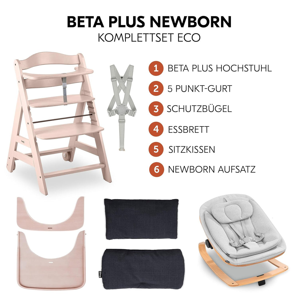 hauck Hochstuhl Beta+ Newborn Set Eco Bouncer - mitwachsender Holz Babyhochstuhl ab Geburt, inkl. Neugeborenenaufsatz, Sitzpolster und Essbrett - Dark Grey