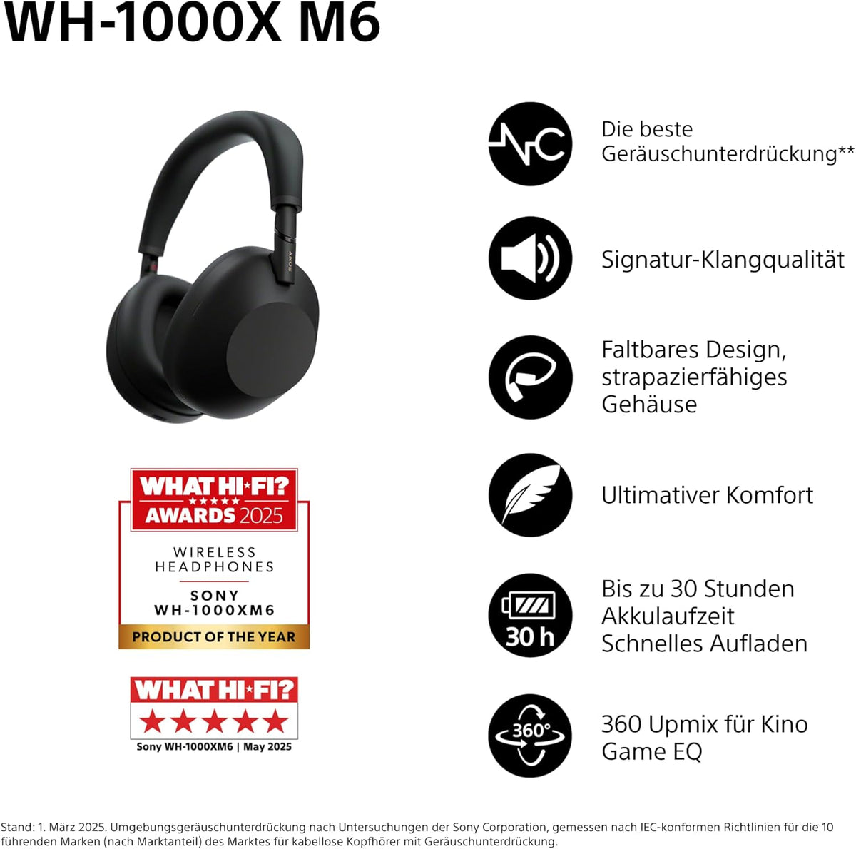WH-1000XM6 Flagship Noise Cancelling Over-Ear Wireless Kopfhörer, Signature Hi-Res Sound, ultimativer Komfort, faltbarem Design, strapazierfähige Tasche, 30 Std-Akku, iOS & Android - Schwarz