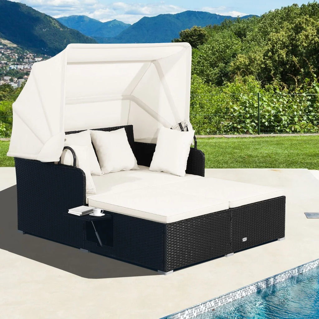 Cama Doble Día Ratán Patio Tumbona Con Cojines Laterales Plegables Jardín Patio Porche Blanco