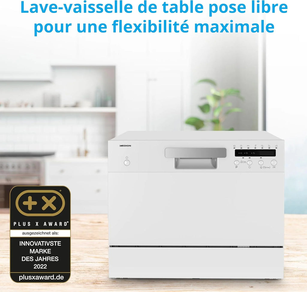 MEDION Lave-vaisselle de table DWT 60 (capacité 6 couverts, 7 programmes, affichage LED, 47dB, MD37496), argent