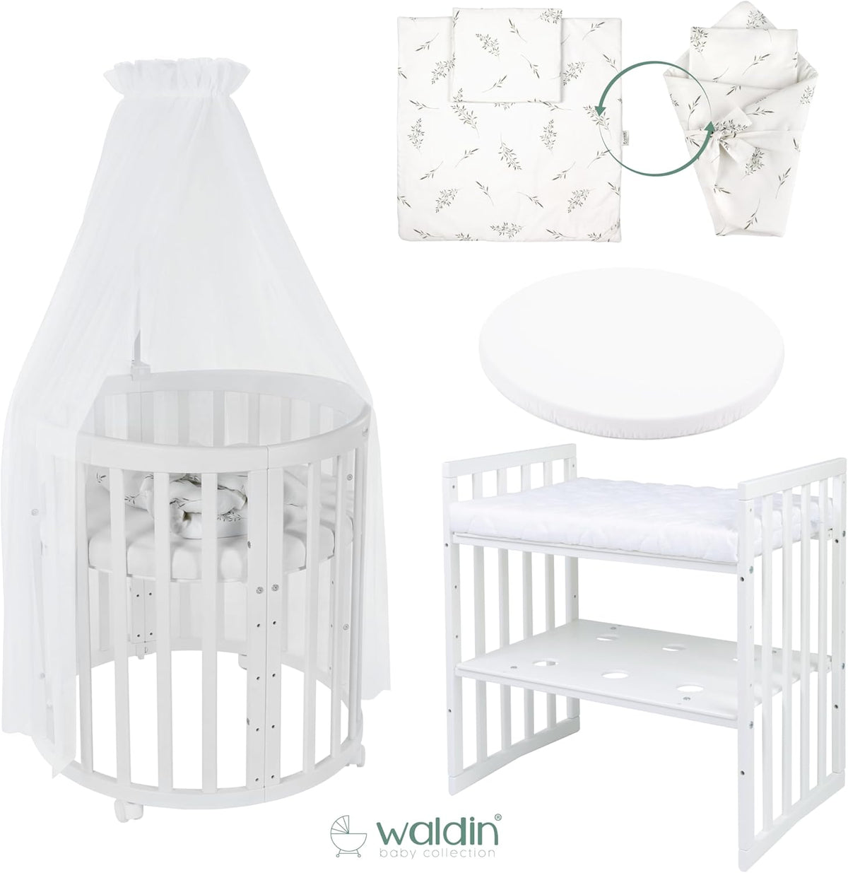 Waldin Oval Baby-Bett Mitwachsend Komplett Set 7in1, Gitterbett, Kinderbett mit Matratze, Wickelkommode, Beistellbett, Holz Weiß