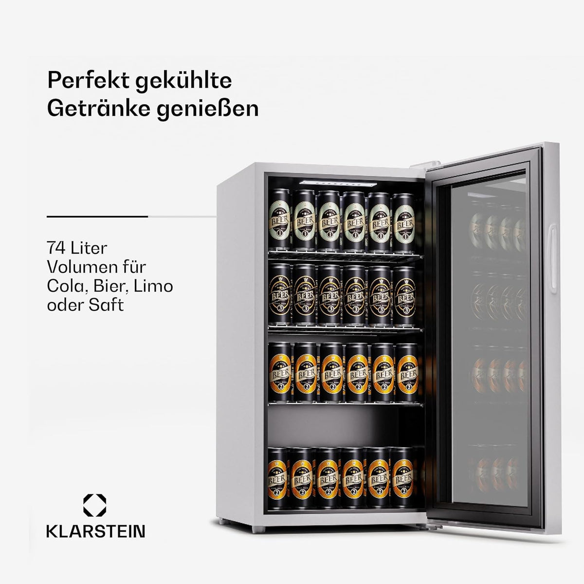 Klarstein Mini Kühlschrank mit Glastür für Zimmer, Getrnkekühlschrank mit Verstellbaren Ablagen, Kleiner 80 Liter, Indoor/Outdoor Kühlschrank Leise
