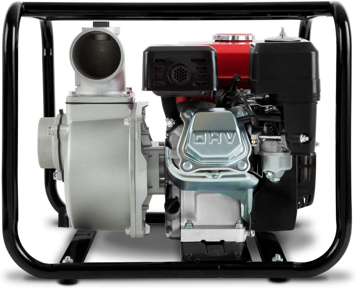 EBERTH 5,5PS Wasserpumpe mit 30.000l/h und 30m Förderhöhe, 2 Zoll Anschluss, Gartenpumpe Schmutzwasserpumpe mit 4-Takt-Motor und 7m Ansaughöhe, Benzin Pumpe, Seilzugstart, Metallfuß, Tragegriff