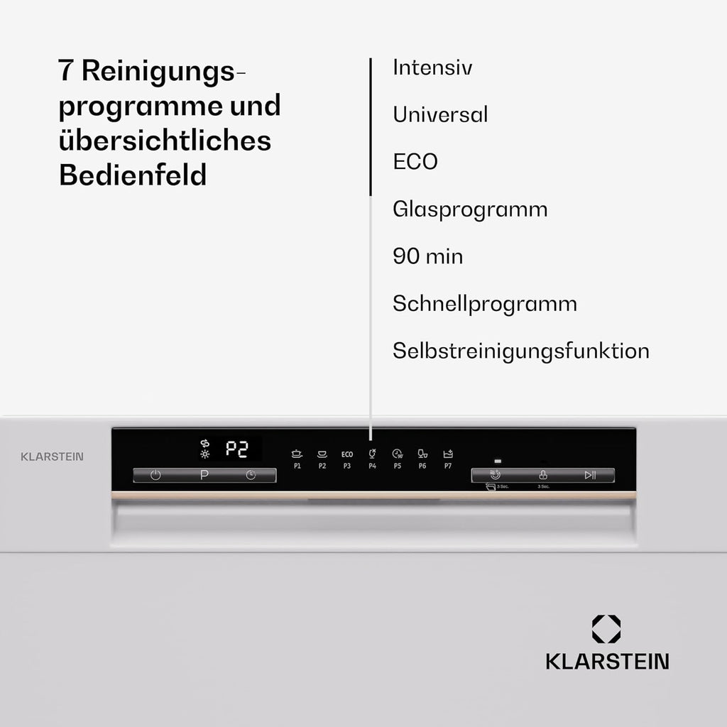 Klarstein  ia 8 - Spülmaschine, Geschirrspüler, Freistehend, Teilintegriert, F, 55 cm breit, 8 Maßgedecke, 6 Programme, Aquastop, silber