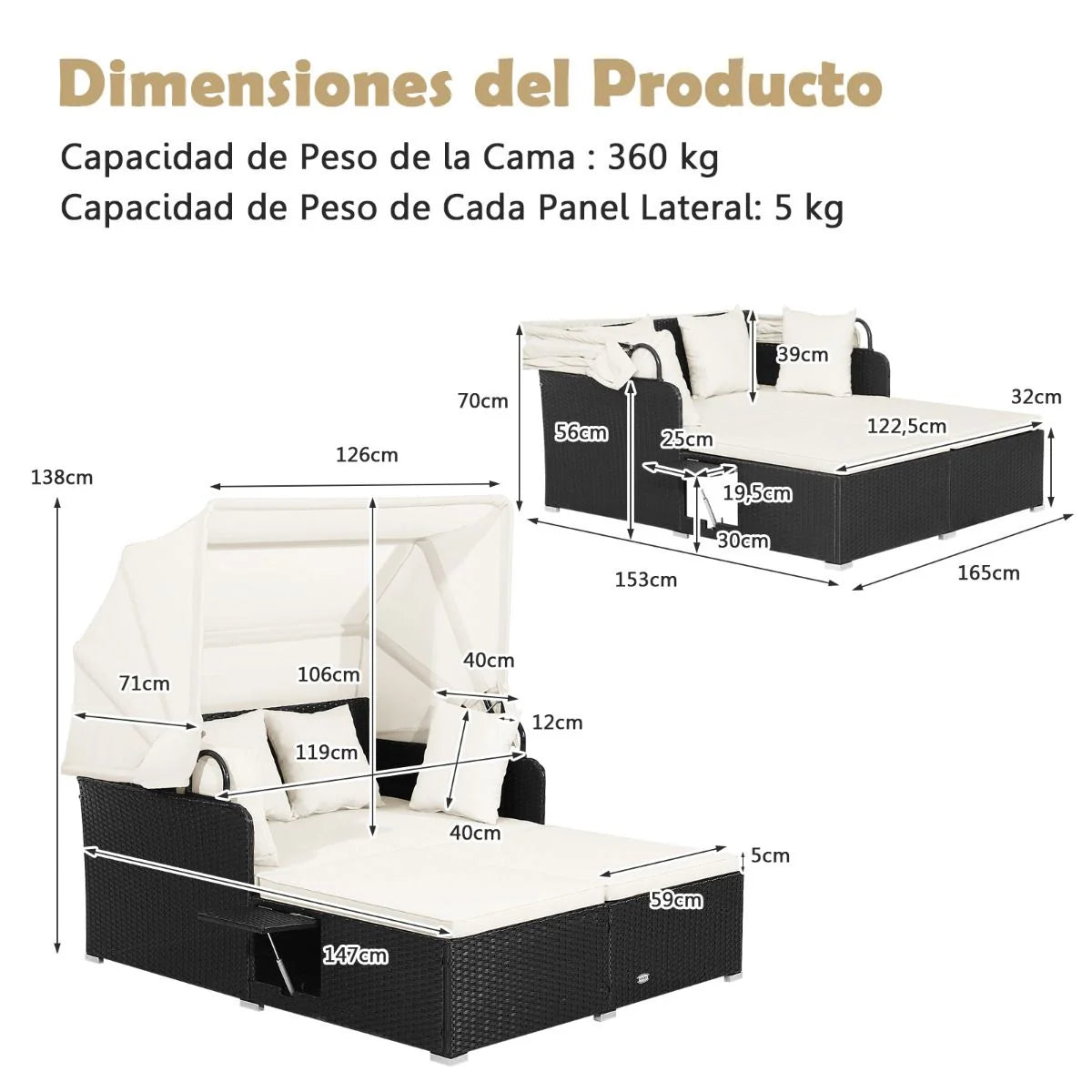 Cama Doble Día Ratán Patio Tumbona Con Cojines Laterales Plegables Jardín Patio Porche Blanco