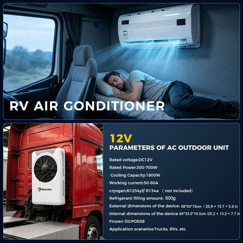 Sunster Split Klimaanlage Wohnwagen, Electric AC Unit 12 Volt Fit für Wohnmobile Bus Anhänger Traktoren Camper Van Parken Klimaanlage Schnelle Kühlung Low Noise