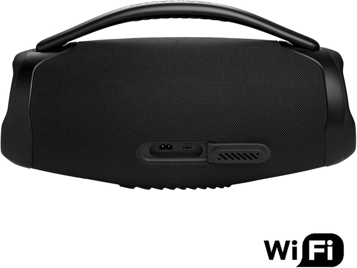 JBL Boombox 3 Wifi – Kabelloser Lautsprecher mit Bluetooth und Wifi – Kompatibel mit der JBL One App – 24 Stunden Wiedergabezeit – Wasser- und staubdicht – Integrierte Powerbank – Schwarz
