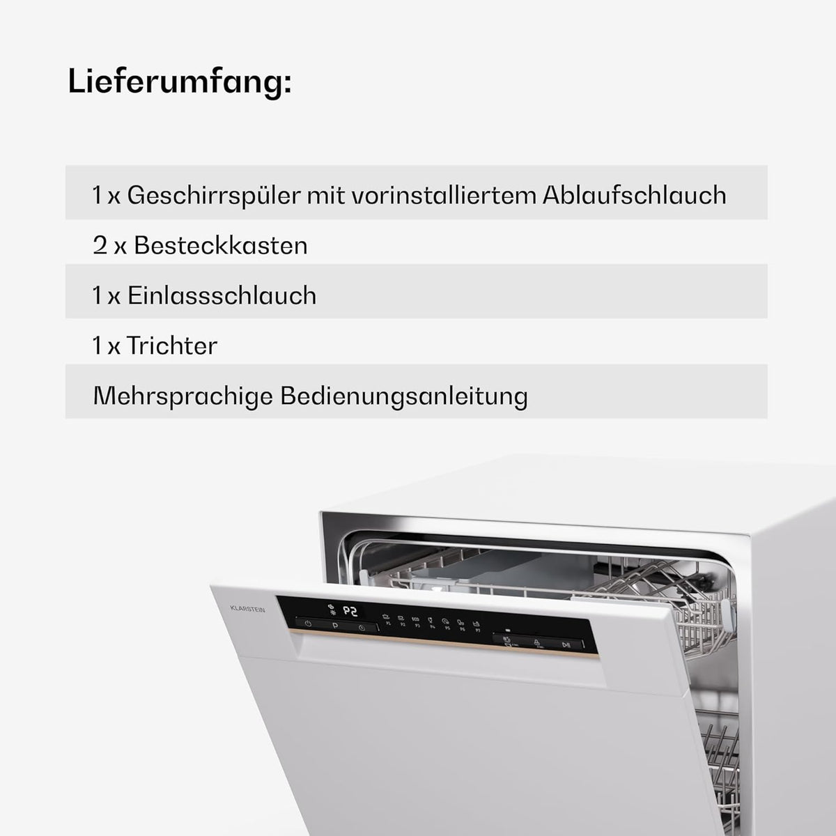 Klarstein  ia 8 - Spülmaschine, Geschirrspüler, Freistehend, Teilintegriert, F, 55 cm breit, 8 Maßgedecke, 6 Programme, Aquastop, silber
