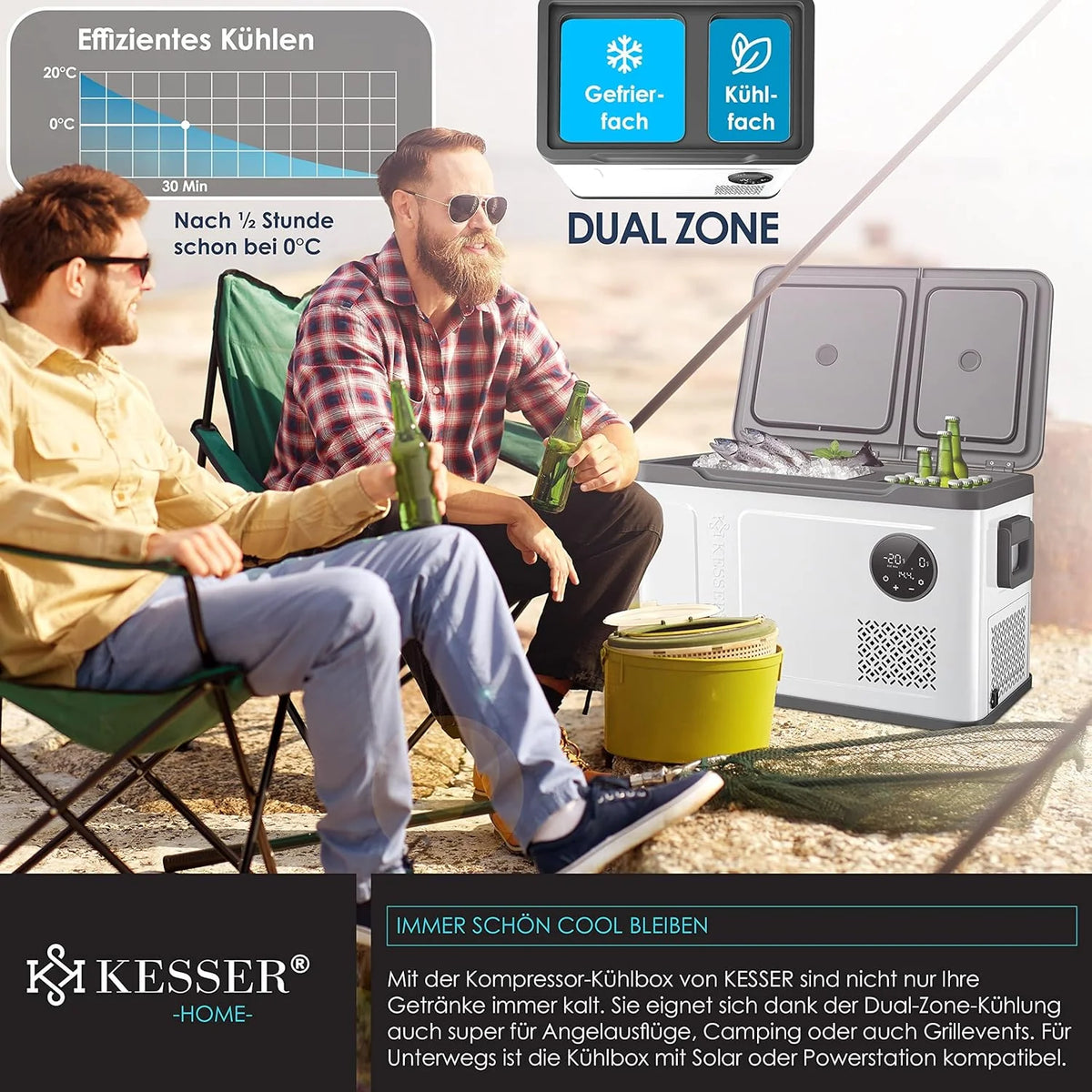 KESSER® Kompressor Kühlbox 2in1 Doppelzone Kühl & Gefrierfach elektrische Gefrierbox mit 2x Kühlakkus & LED-Touch-Bedienung | Kühlschrank Kühlung bis -20 °C für Camping, Auto, Lkw 12/24V 230V