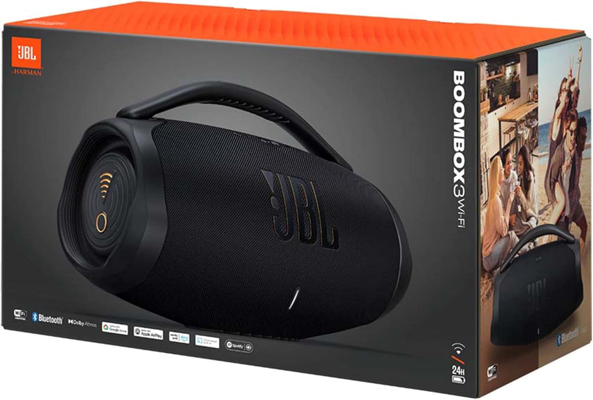 JBL Boombox 3 Wifi – Kabelloser Lautsprecher mit Bluetooth und Wifi – Kompatibel mit der JBL One App – 24 Stunden Wiedergabezeit – Wasser- und staubdicht – Integrierte Powerbank – Schwarz