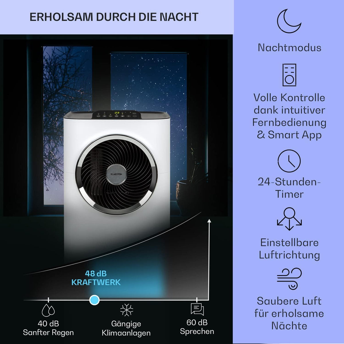 Klarstein Mobile Klimaanlage mit Abluftschlauch, 5-in-1 Klimagerät, Ventilator, Luftentfeuchter, Luftreiniger & Nachtmodus, App-Steuerung, Kleine & Portable für Wohnung & Büro, 12000 BTU