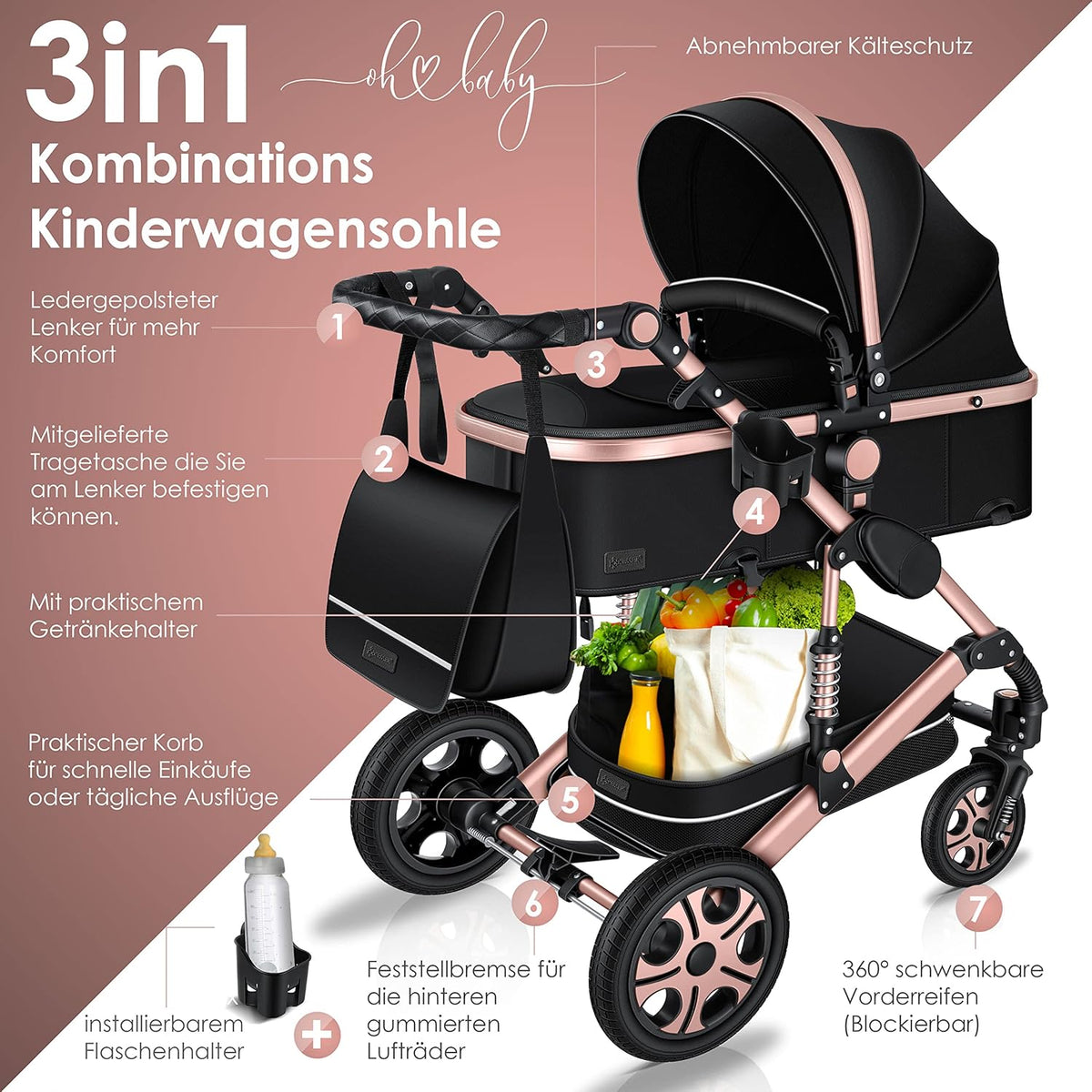 KESSER Loops 3 in 1 Kinderwagen Kombikinderwagen Komplett-Set inkl. Babywanne & Buggy Sportsitz & Auto-Babyschale Voll-Gummireifen Wickeltasche Regenschutz Kindertisch ECE R129, Schwarz/Champagne