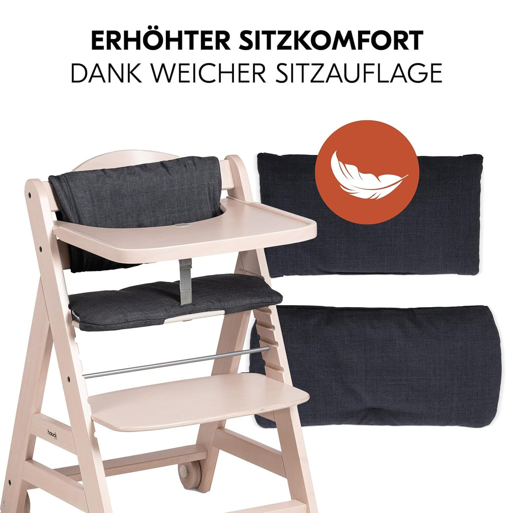 hauck Hochstuhl Beta+ Newborn Set Eco Bouncer - mitwachsender Holz Babyhochstuhl ab Geburt, inkl. Neugeborenenaufsatz, Sitzpolster und Essbrett - Dark Grey