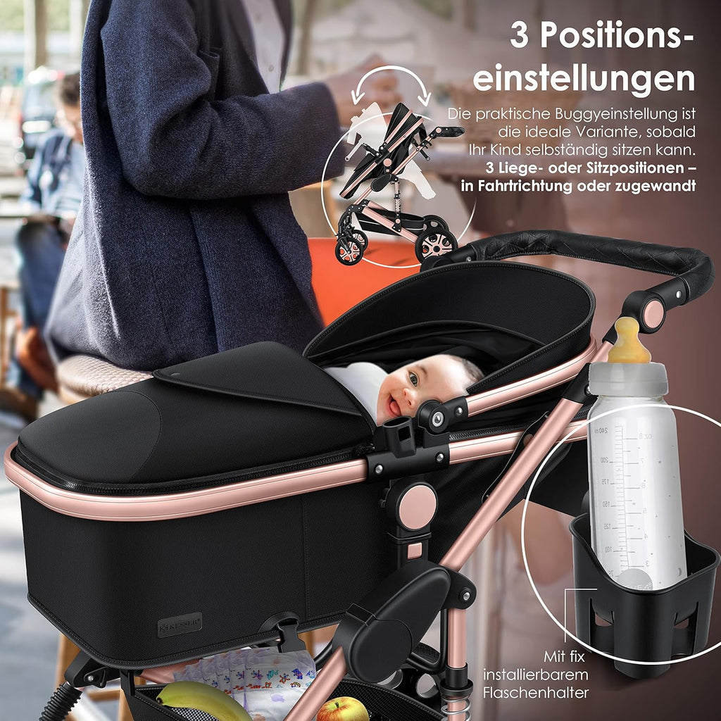 KESSER Loops 3 in 1 Kinderwagen Kombikinderwagen Komplett-Set inkl. Babywanne & Buggy Sportsitz & Auto-Babyschale Voll-Gummireifen Wickeltasche Regenschutz Kindertisch ECE R129, Schwarz/Champagne