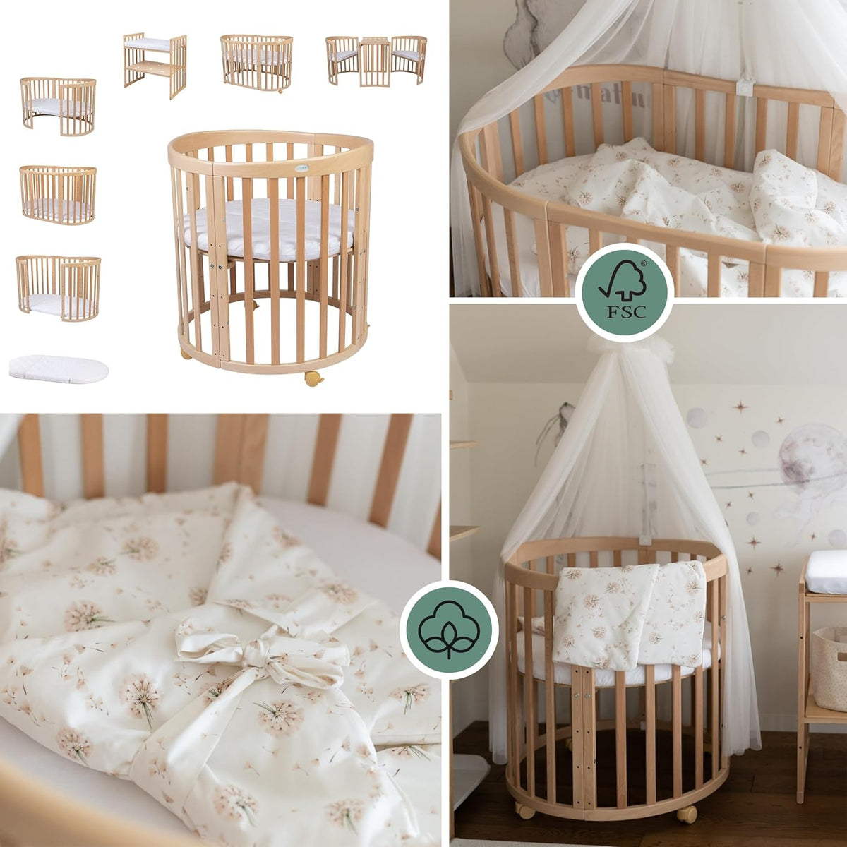 Waldin Oval Baby-Bett Mitwachsend Komplett Set 7in1, Gitterbett, Kinderbett mit Matratze, Wickelkommode, Beistellbett, Holz Weiß