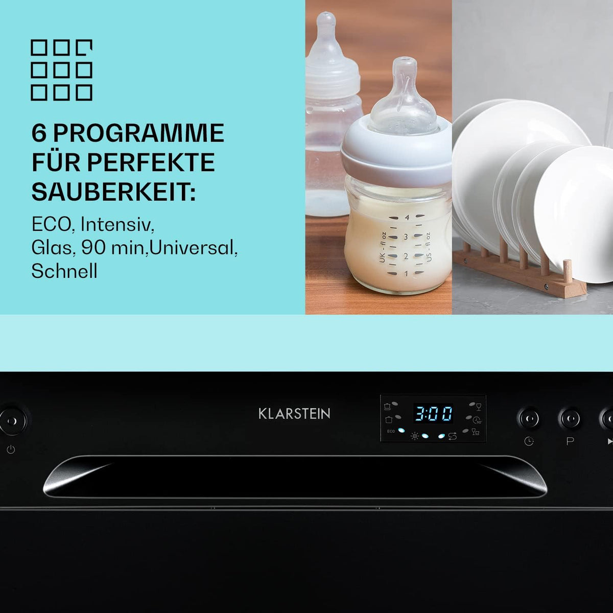 Klarstein ia 8 - Spülmaschine, Geschirrspüler, Freistehend, Teilintegriert, F, 55 cm breit, 8 Maßgedecke, 6 Programme, Aquastop, silber