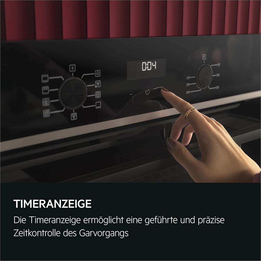 AEG Einbaubackofen – Serie 5 Ringheißluft: Gleichmäßige Garergebnisse auf 3 Ebenen – Pyrolyse Selbstreinigung – 25 Automatikprogramme – LED-Touchdisplay – Schnellaufheizung – Schwarz – BPE53516AB