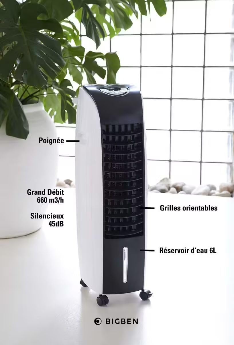 BIGBEN Luftkühler 60 W, Tank 6 l – Mobile Klimaanlage ohne Abfluss – Säulenventilator mit Fernbedienung und Timer – AIRC01