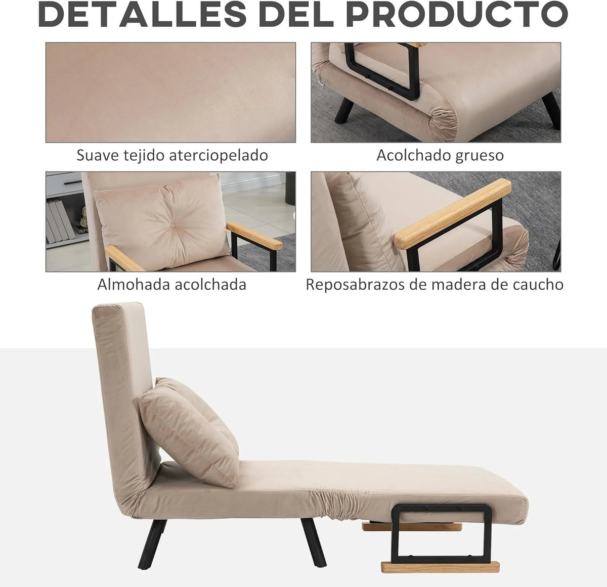 HOMCOM Sofa Bed 2 Seater Folding Sofa Bed Upholstered in Velvet with 5 Levels Adjustable Backrest and Padded Pillows for Office Bedroom Living Room 102 x 73 x 81 cm Beige