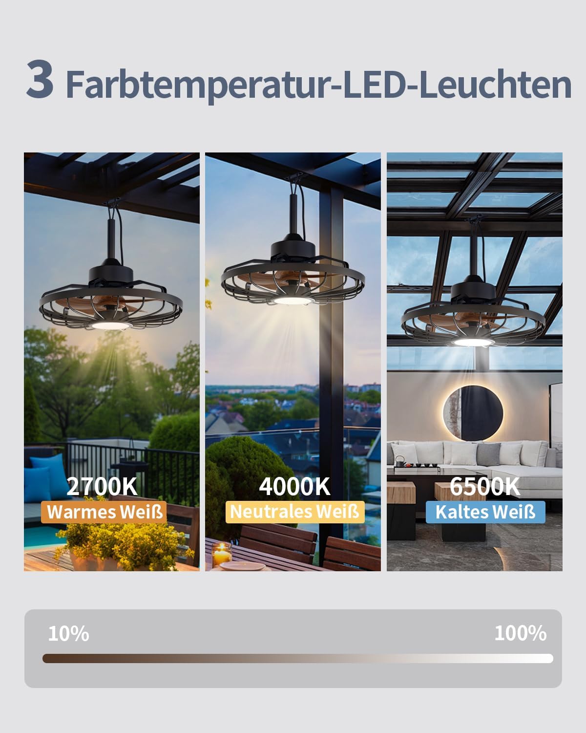 Deckenventilatorleuchte für den Außenbereich, Außenlicht mit Ventilator, IP44 Wasserdicht, 6 Lüftungsgeschwindigkeiten, mühelose Lichtdimmung, für Terrassen, Pergolen, Wohnzimmer, Esszimmer