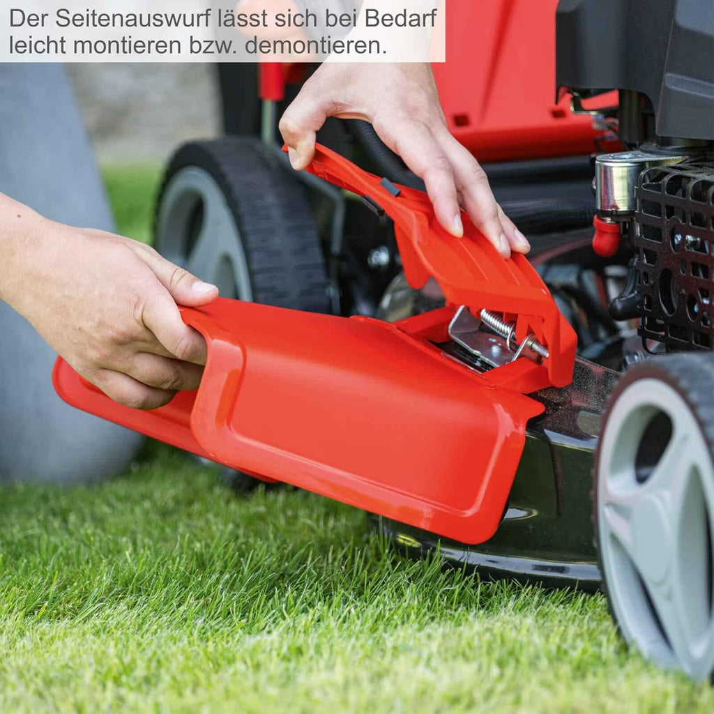 Scheppach MS150-46E Benzin Rasenmäher mit E-Start | 46cm Schnittbreite | Reinigungsfunktion | 55 Liter Fangkorb | Stahlgehäuse | 7-stufige Höhenverstellung | Mulchfunktion | Radantrieb | Seitenauswurf