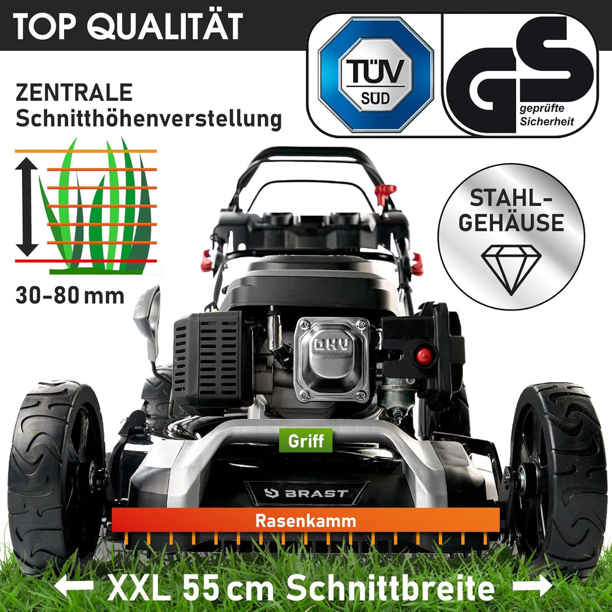 BRAST® Benzin Rasenmäher mit Antrieb | 5,2kW (7PS) | 55cm Schnittbreite | viele Modelle | TÜV | 30-80mm Schnitthöhe | 60L Fangkorb | 4 Takt OHV Motor | Stahlgehäuse | Power