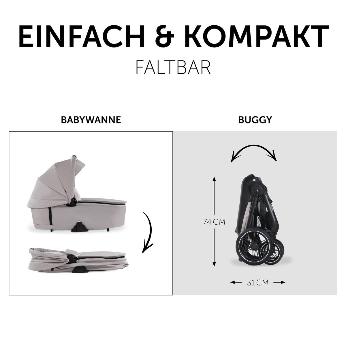 hauck 2in1 Kinderwagen mit Gummireifen Walk N Care Set ab Geburt bis 22 kg + 3 kg Korb, Wanne mit Memory-Knöpfen, Sitz mit Liegefunktion Wendbar Höhenverstellbar, Teleskopgriff, UPF 50+ (Beige)