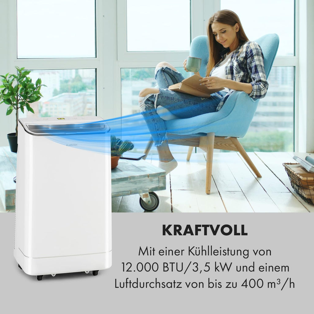 Klarstein Mobile Klimaanlage mit Abluftschlauch, 3-in-1 Klimagerät mit Ventilator, Luftentfeuchter & Nachtmodus, Kleine & Portable Klimaanlage für Wohnung & Büro, 12000 BTU Niedrig Verbrauch