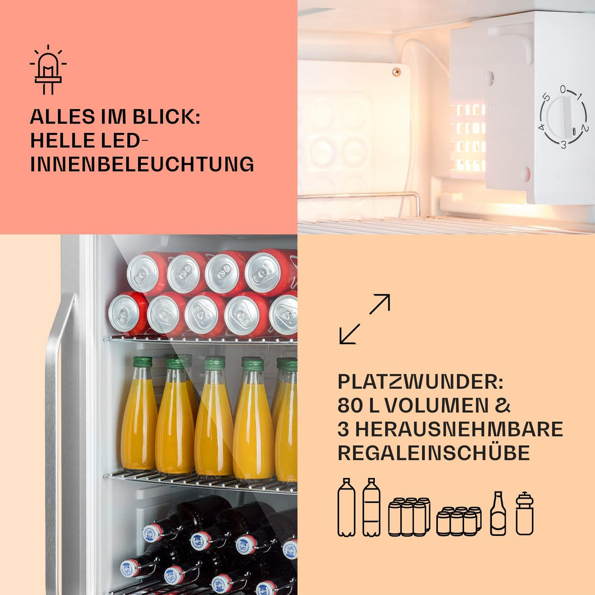 Klarstein Mini Kühlschrank mit Glastür für Zimmer, Getrnkekühlschrank mit Verstellbaren Ablagen, Kleiner 80 Liter, Indoor/Outdoor Kühlschrank Leise