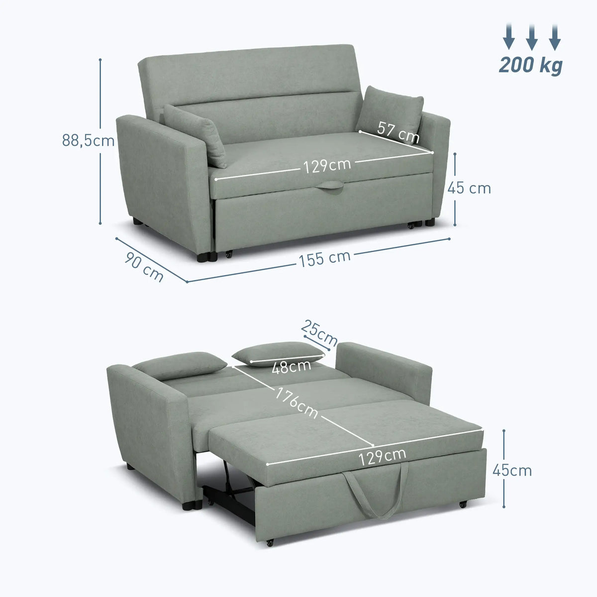 HOMCOM Schlafsofa 2-Sitzer mit Schlaffunktion und Rollen Eukalyptusholz