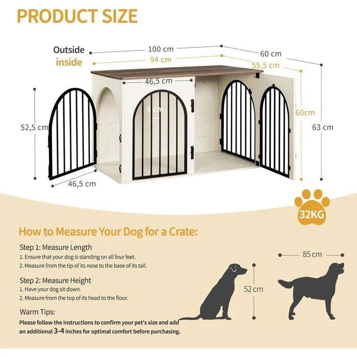 100cm Cage pour Chiens,Cage Chien de Taille Moyenne, Maisonnette pour Animaux,3 Portes, Porte arquée, 60 x 100 x 63 cm,Ivoire Clair