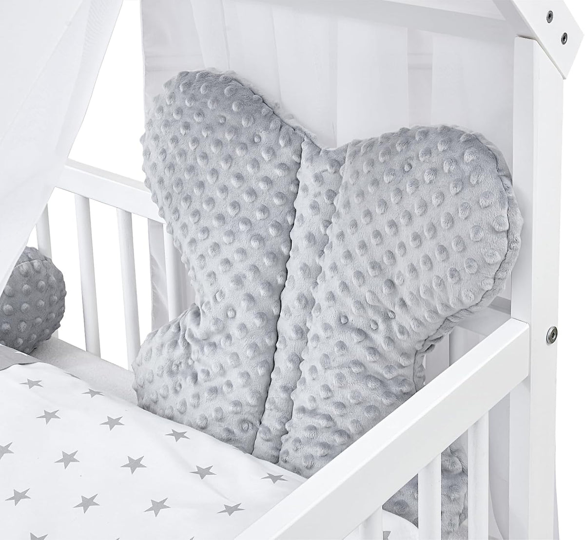 Baby Delux Babybett Komplett Set Hausbett 60x120 cm weiß Schublade Rausfallschutz Kinderbett Matratze Bettwäsche Deko Set (Prince Stars)