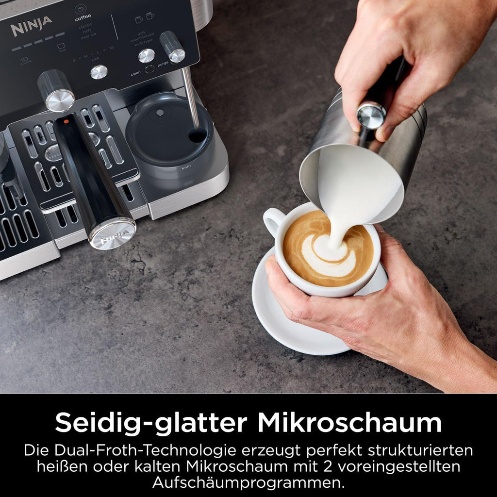 Ninja Luxe Essential 2-in-1-Kaffeemaschine mit Mahlwerk und Aufschäumer für Latte, Cappuccino & Espresso, einfache Handhabung, 2 Voreinstellungen zum Aufschäumen, Silber, ES501EU