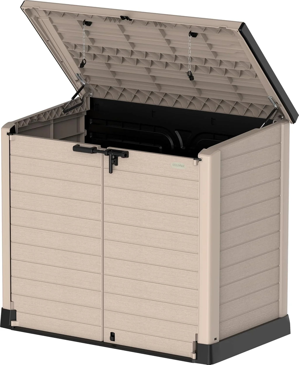 Duramax StoreAway 1200L Plastic Garden Shed/ Flat Lid, Outdoor Storage Shed, Wheelie Bin Hideaways, Wheelie bin box, Durable Construction, Ideal for Bikes, BBQs & 2x 240L Bins, 145x85x125 cm, Brown