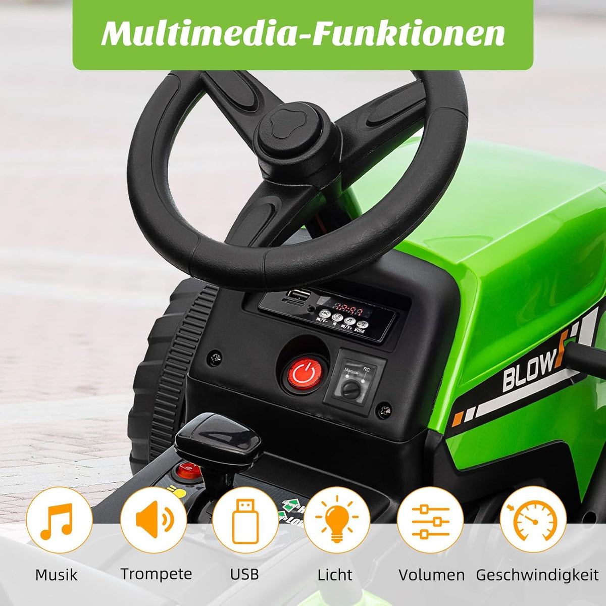 HAUSPROFI 12V 3-Gang Kinder Elektroauto mit Anhänger, Elektro Traktor 2 Fahrmodi, 2,4G-Fernbedienung, Kinder Traktor LED-Licht, Bluetooth, Musik, USB, Elektrischer Traktor für kinder ab 3 Jahren, Grün