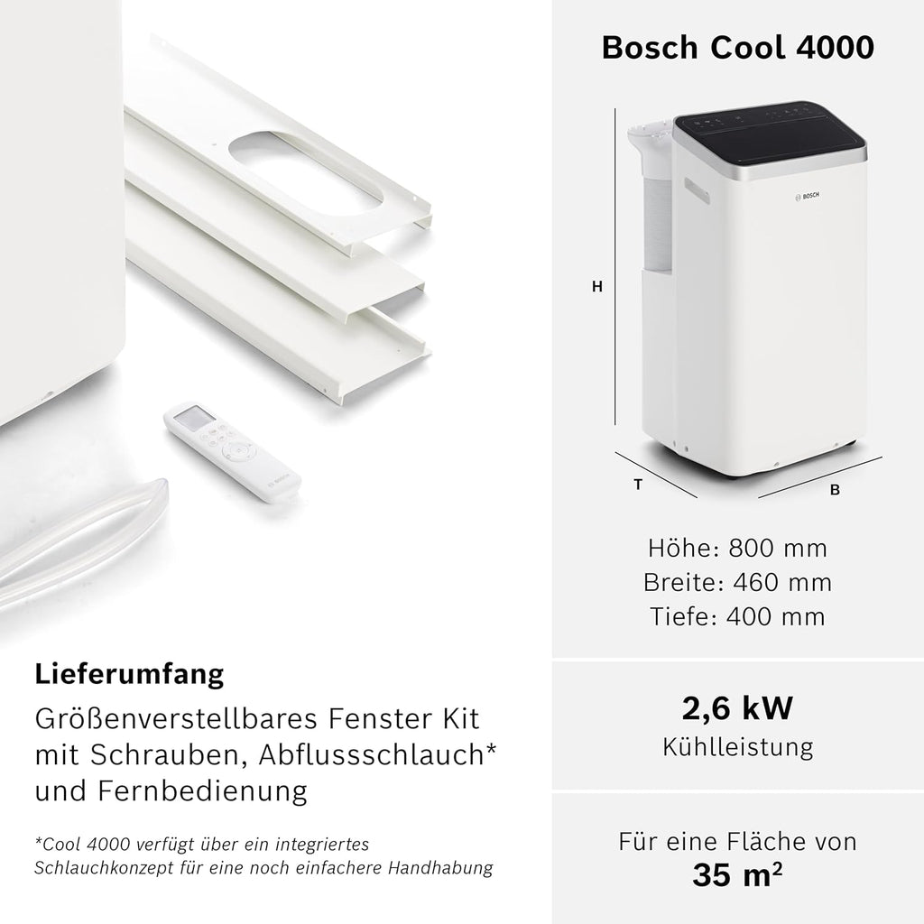 Bosch Cool 4000 Mobiles Klimagerät - 3-in-1: Klimagerät, Luftentfeuchter, Ventilator - 2,6 kW für Räume bis zu 35m² - Mit Auto-Modus, Silent-Modus & Sleep-Modus