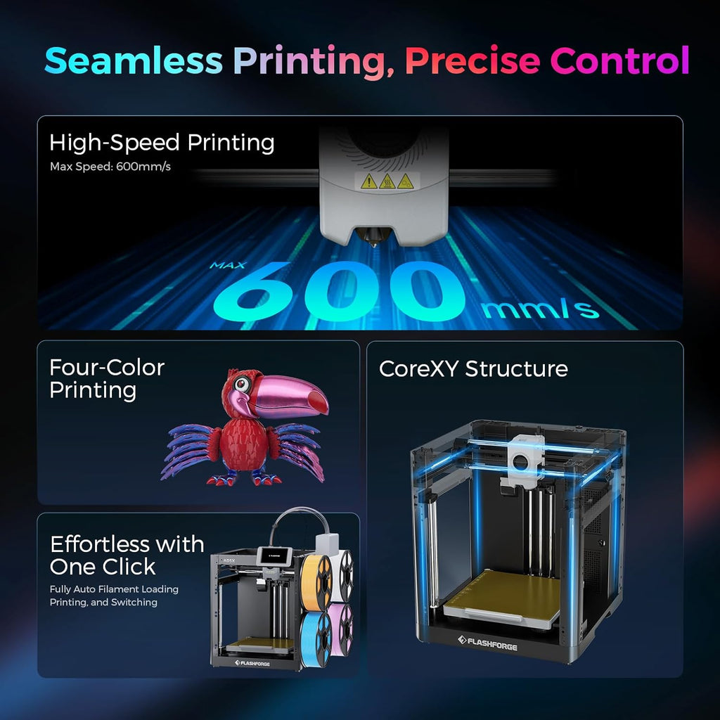 Flashforge Adventurer 5X 3D-Drucker mit Mehrfarbendruck, Anpassbar mit IFS,AD5X 3D-Drucker für mehrere Materialien,Vollautomatische Nivellierung,Maximale Geschwindigkeit: 600mm/s,Unterstützt PETG CF