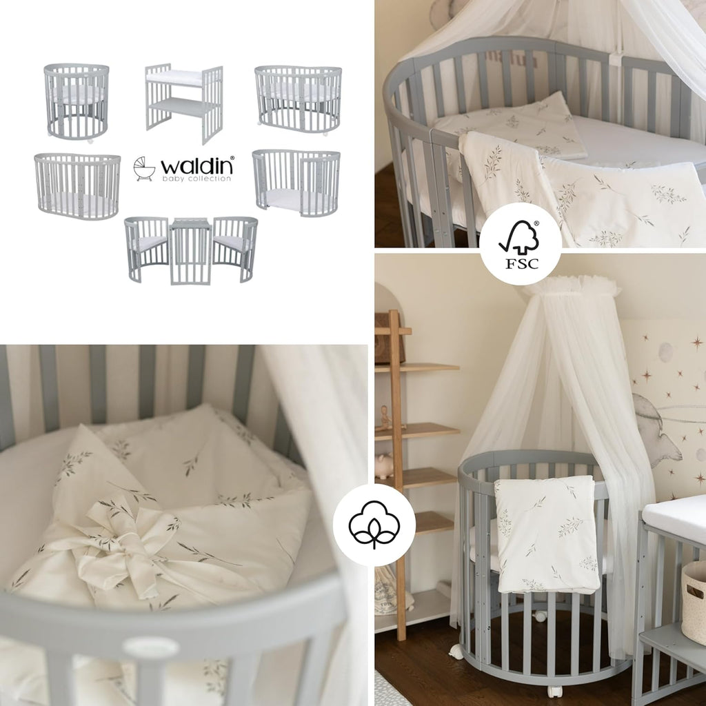 Waldin Oval Baby-Bett Mitwachsend Komplett Set 7in1, Gitterbett, Kinderbett mit Matratze, Wickelkommode, Beistellbett, Holz Weiß