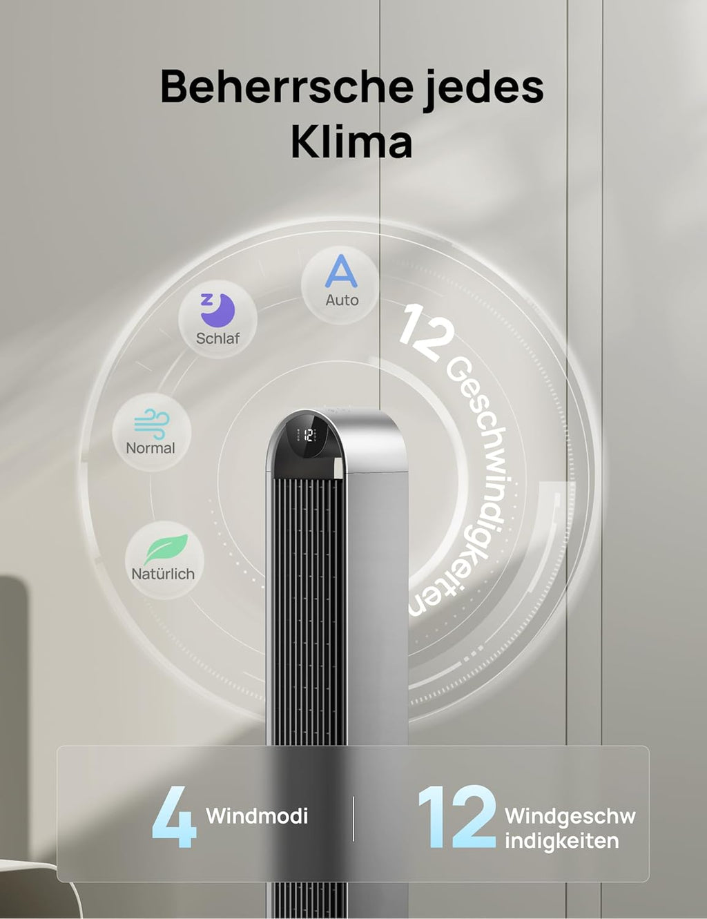 DREO Smart Turmventilator Sehr Leise, 120° Oszillierender Ventilator mit Kühlung, 25dB Standventilator mit Fernbedienung für Schlafzimmer, 12 Geschwindigkeiten, 4 Modi, 12-Stund-Timer, Pilot Max S