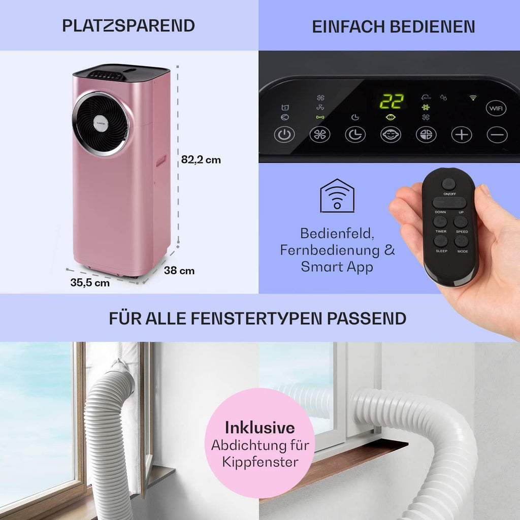 Klarstein Mobile Klimaanlage mit Abluftschlauch, 5-in-1 Klimagerät, Ventilator, Luftentfeuchter, Luftreiniger & Nachtmodus, App-Steuerung, Kleine & Portable für Wohnung & Büro, 12000 BTU