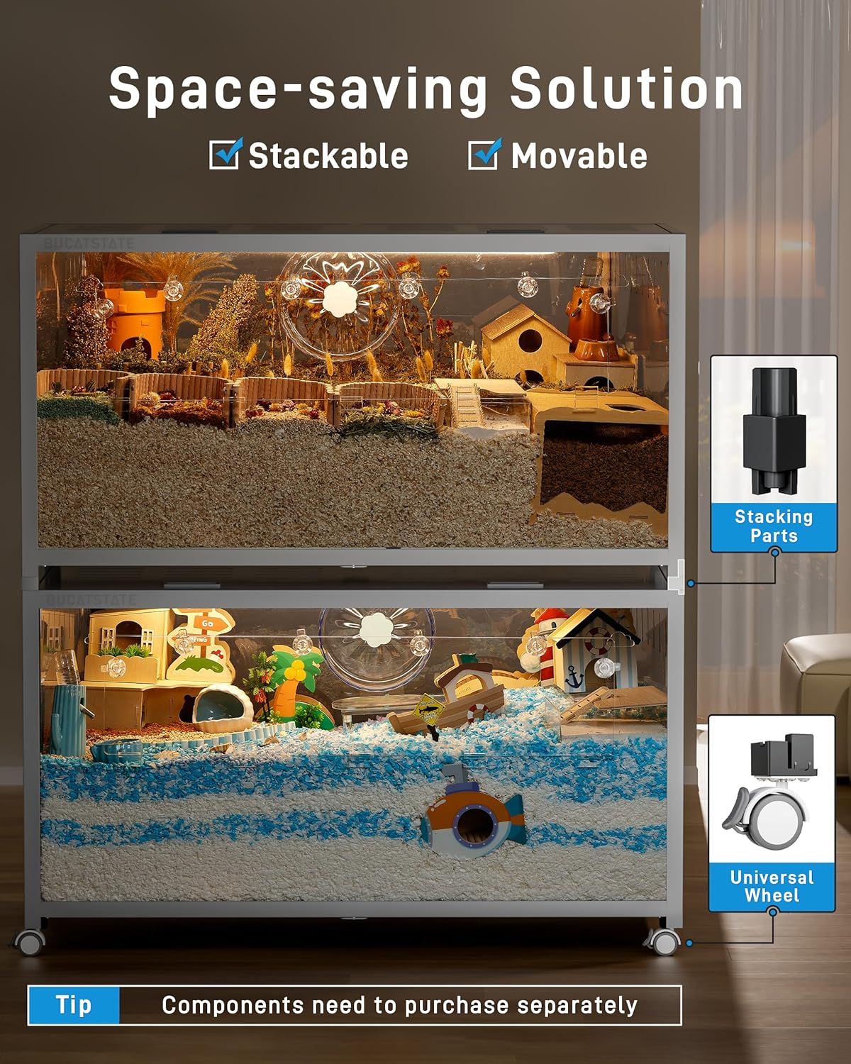 BUCATSTATE Hamsterkäfig 3,0: Metall Rattenkäfig Kleintierkäfig Groß Stapelbar mit Einfacher Montage 120L x 60W x 62H cm für Nager, Mäuse, Zwerghamster (0,72m², Weiß)