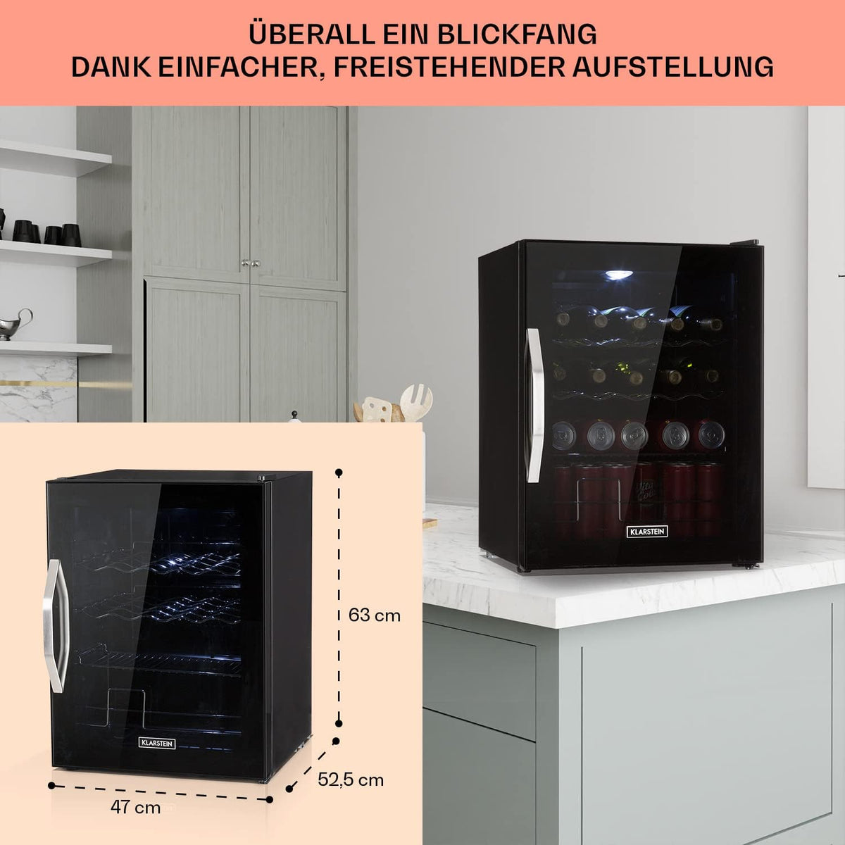 Klarstein Mini Kühlschrank mit Glastür für Zimmer, Getrnkekühlschrank mit Verstellbaren Ablagen, Kleiner 80 Liter, Indoor/Outdoor Kühlschrank Leise
