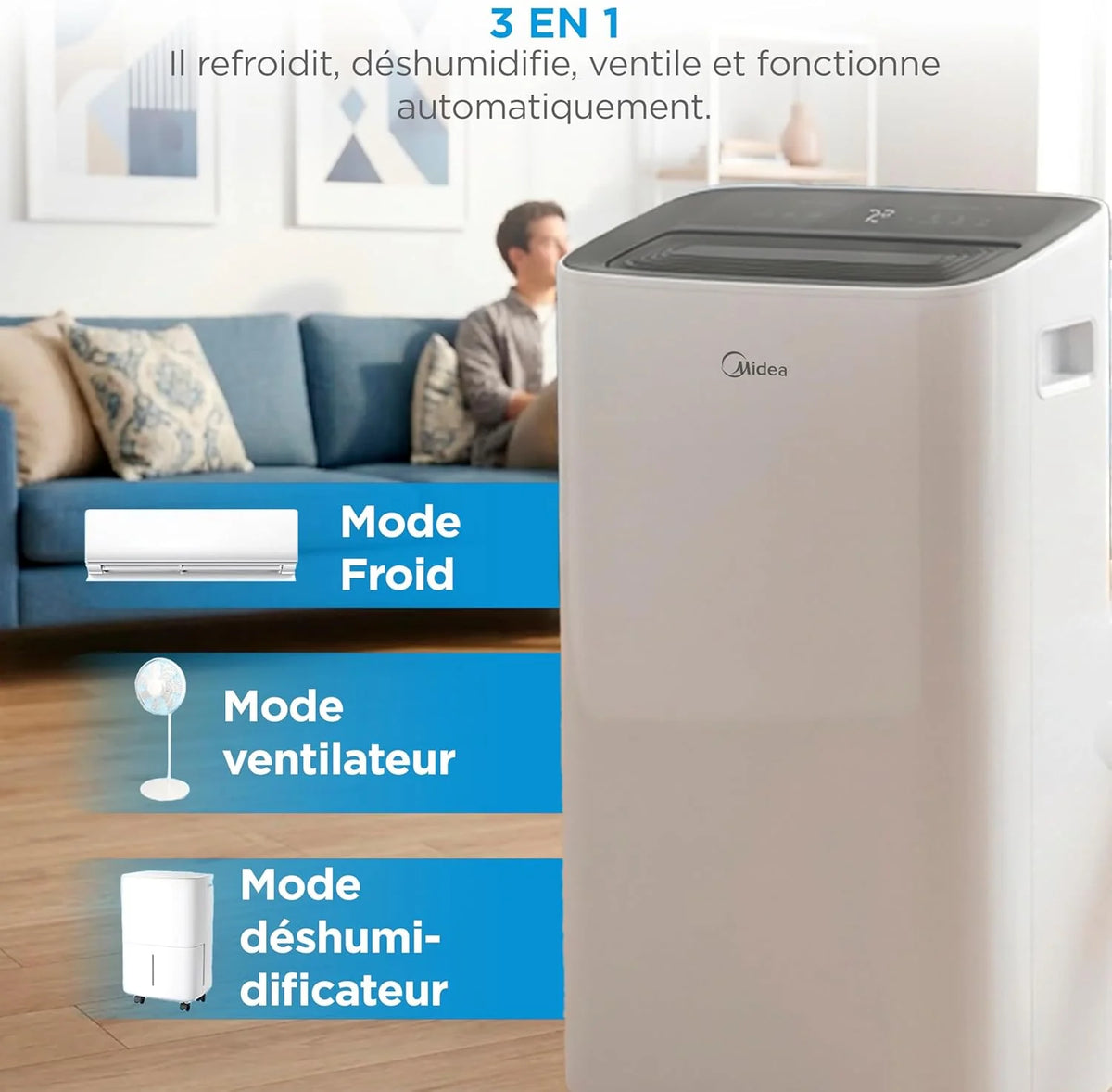 MIDEA Climatiseur Mobile Silencieux 9000 BTU avec Évacuation | 4 en 1: Climatisation, Ventilation, Déshumidification, Sleep | Clim Portable avec Contrôle App & Télécommande | Kit de Fenêtre Inclus